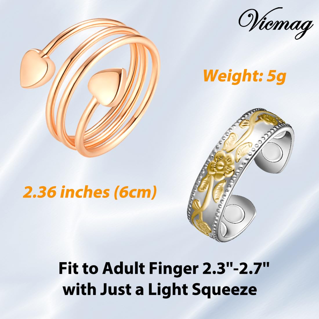 Vicmag Copper Magnetic Ring for Women, Magnetic Rings Ladies Fingers Thumb 100% Solid Pure Copper Jewelry Gift Adjustable(4PCS Love Heart+Flower)