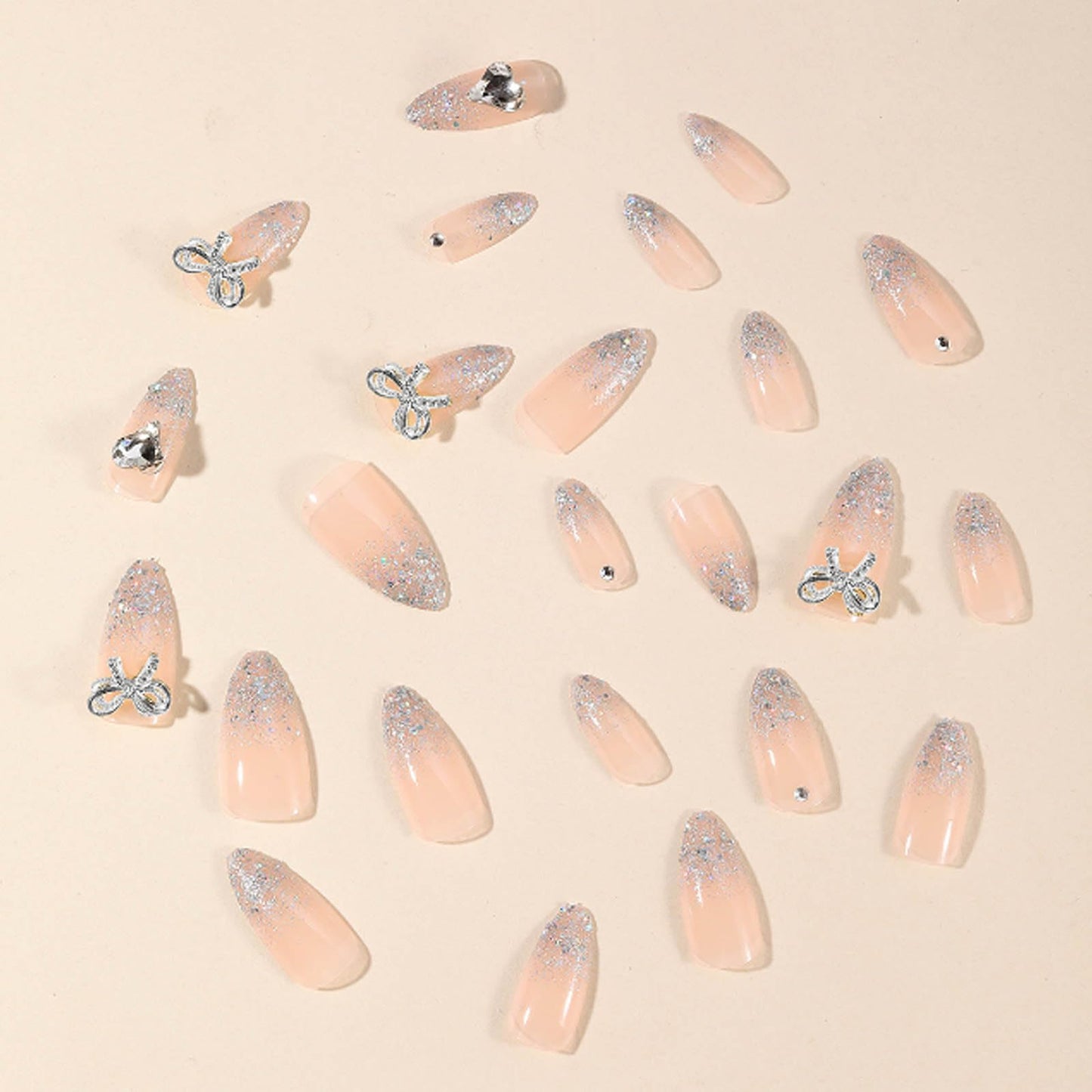 Kamize Gradient Fake Nails Nude Medium Press on Nails Full Cover Acrylic Sequins Almond Fake Nails for Women and Girls 24PCS