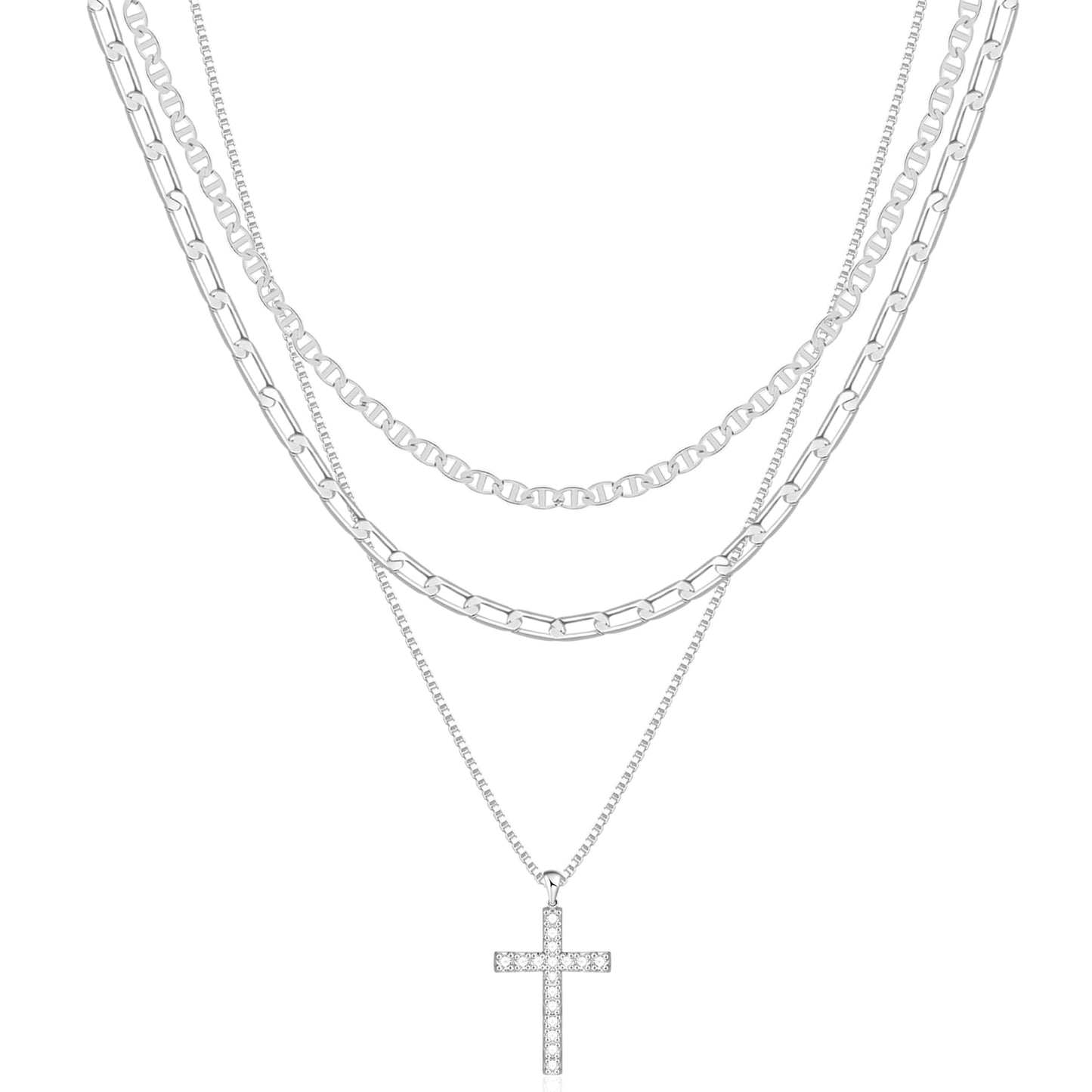 Kyerlyn Silver Necklaces for Women, Sterling Silver Stackable Stack Cross Choker Necklaces for Women Trendy Layering Box Flat Mariner Chain CZ Pendant Chain Set Jewelry Gift