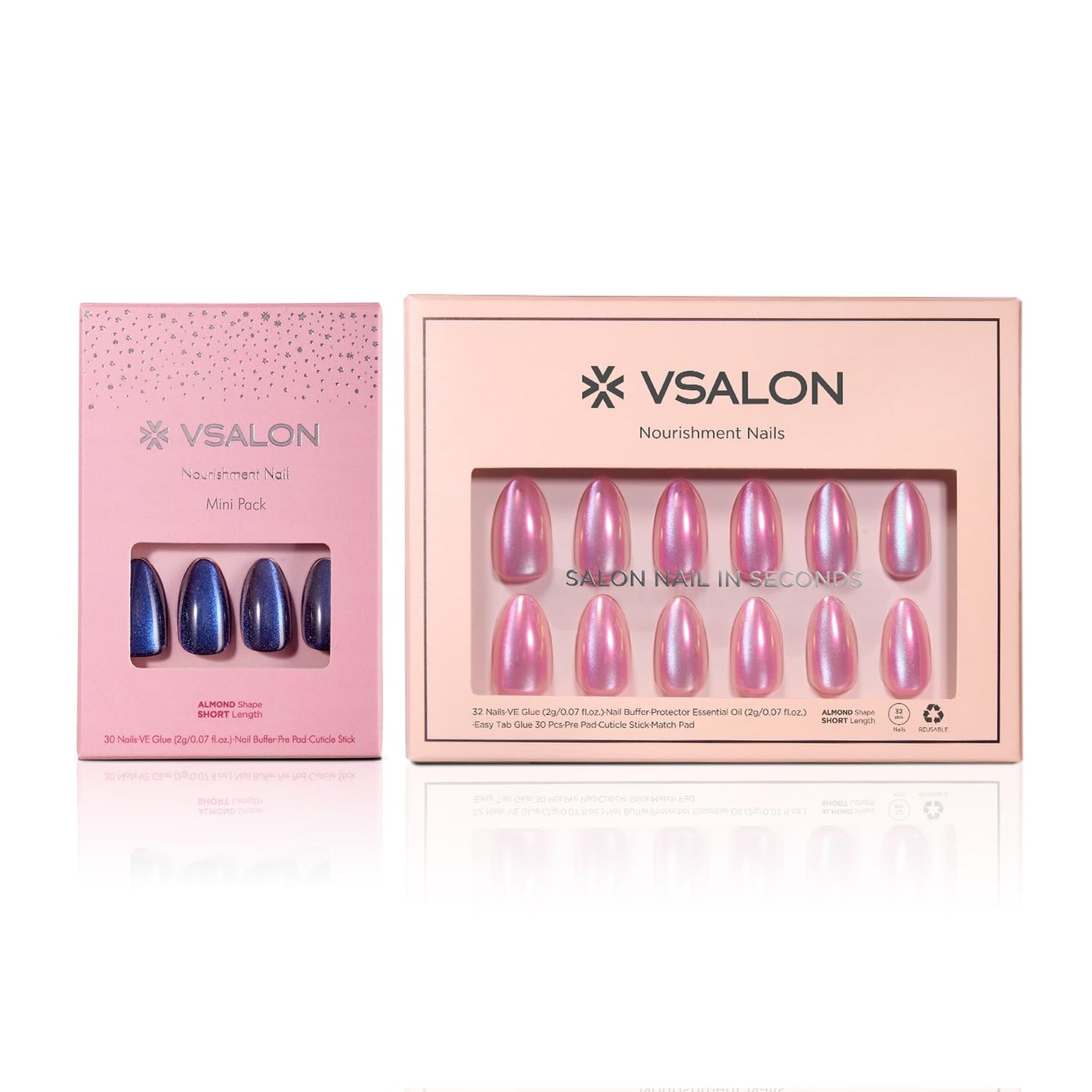 Press on Nails - Short Almond Pink Chrome Cat Eye Nails & Blue Cat Eye - 2 Reusable Nails Kit (Nourishment Nails & Mini Pack) - 16 Sizes