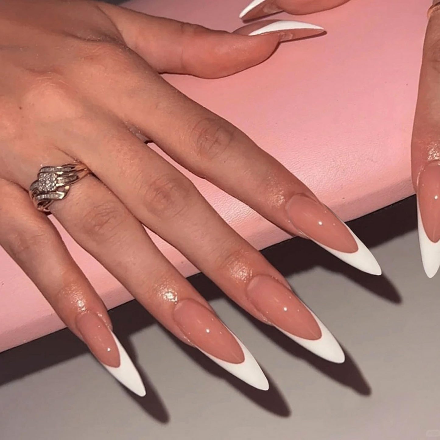 IMRAIN White French Tip Press on Nails Long Stiletto Fake Nails Reusable Glossy Acrylic False Nails Artificial Full Cover Nail Supplies, Nail Art DIY 12 Sizes - 24 Pcs