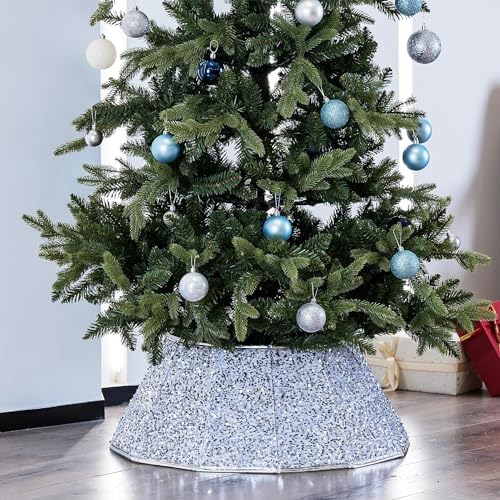 Blissun Christmas Tree Collar, Sequin Christmas Tree Skirt, Folable Christmas Tree Ring, Xmas Tree Stand Base Cover for Christmas Tree Decoration (Silver, Round)