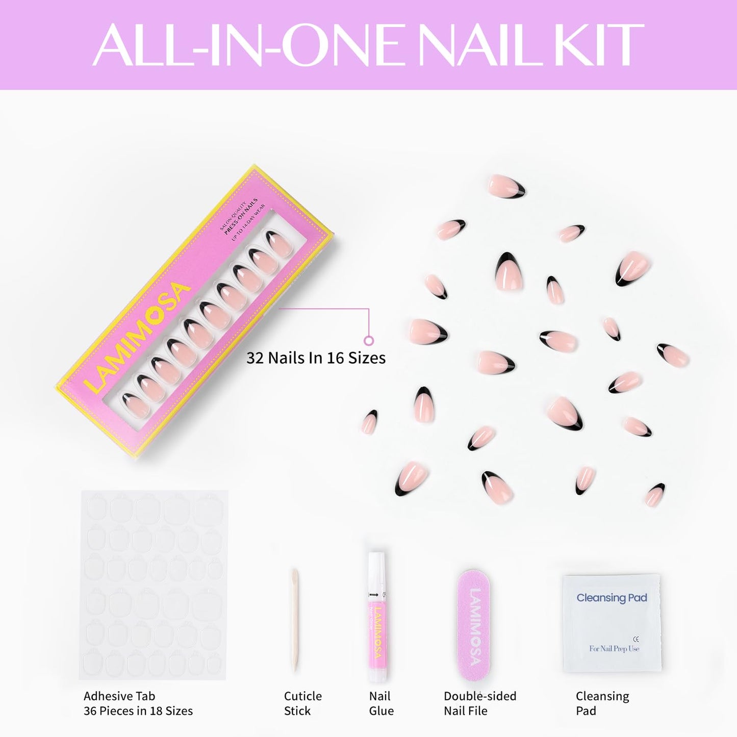 LAMIMOSA 32Pcs Black French Tip Press on Nails Short Almond - Soft Gel Fake Nails in 16 Sizes, Reusable Semi-Transparent Glue on Nails Kit, BLACK FRENCH