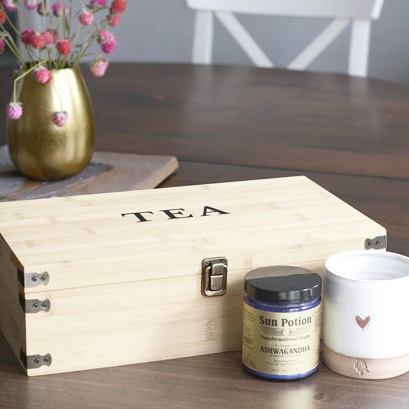 Zen Earth Inspired Large Wooden Tea Organizer Box, Big 14" Pine Storage Chest | 8-Slot Tall, Adjustable Shelves | 100% Handmade Craft Eco-Friendly Natural Décor
