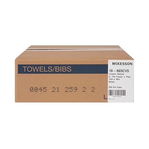 McKesson Disposable Towels [Pack of 250] for Dental Bibs, Nails, Tattoo, Dentist, Medical - 13 x 18 in, 2-Ply Tissue with Poly Back, Waffle Embossed, White