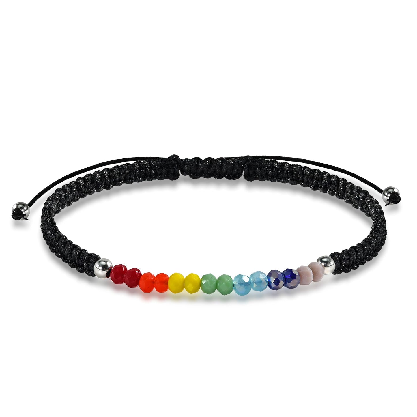 AeraVida Chakra Rainbow Healing Stone Bracelet for Couples | Adjustable 6-9 Inch Rope String Jewelry with Sterling Silver Accent for Men and Women (Black Rope)