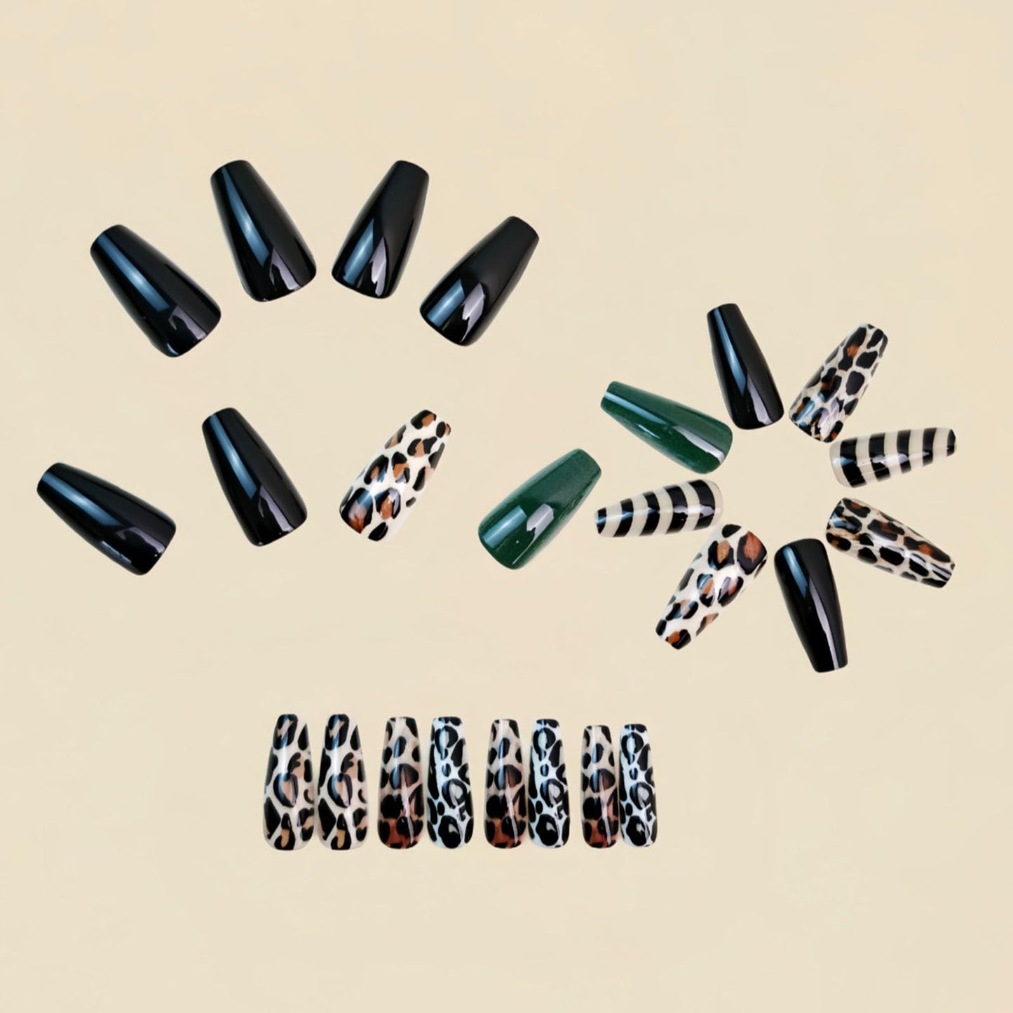 Fall Press on Nails Medium Coffin Fake Nails with Leopard Print Black Lines Designs Glossy Glue on Nails Green Nails Press ons Autumn Acrylic Artificial Stick on Nails for Women 24Pcs