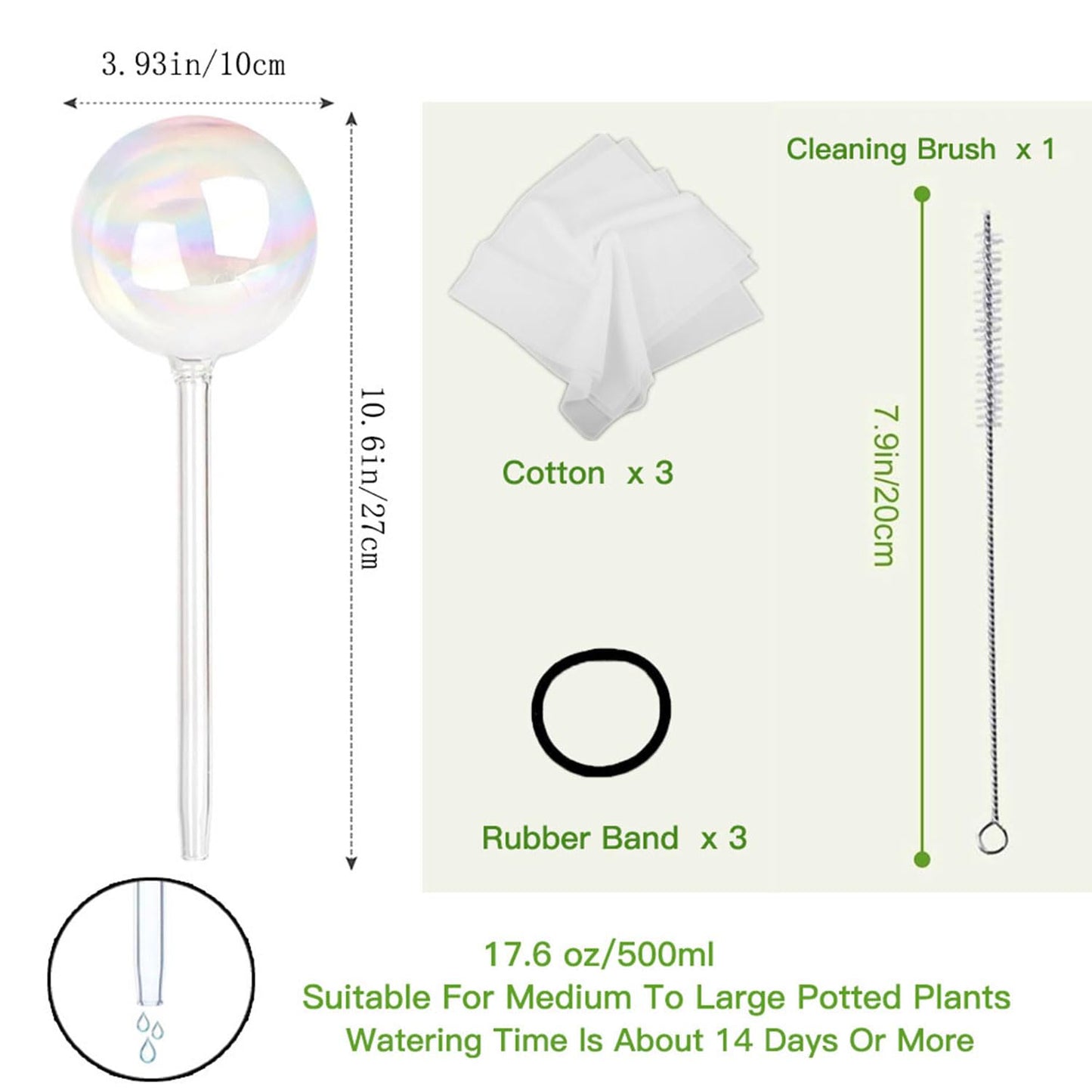17 Oz 2 Weeks Glass Plant Watering Globes Large Vacation Water While Away Indoor Outdoor Potted Plant Slow Release Self Watering Bulbs Devices Planter Insert (Iridescent Large 3-Pack)