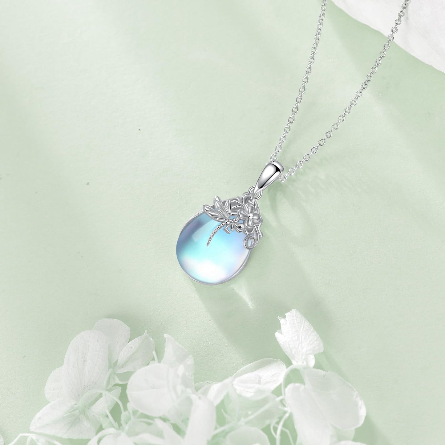 YAFEINI Moonstone Necklace Sterling Silver Moonstone Pendant Dragonfly Jewelry for Women Mom