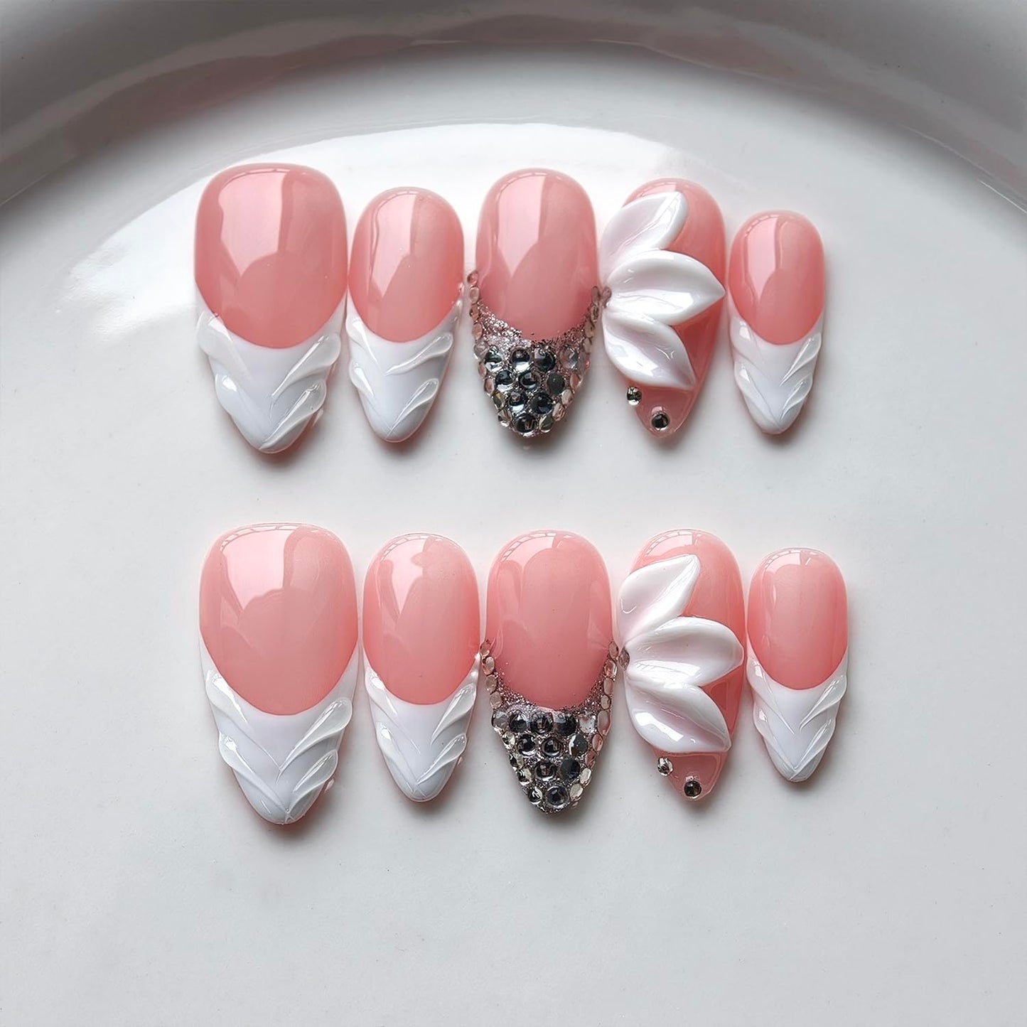 French Tip Press on Nails Handmade Medium Almond 3D Thick Acrylic Nails White False Nails with Flower Rhinestones Designs Elegant Pink Glossy Fake Nail Sturdy Art Press on Nail 10Pcs(S)
