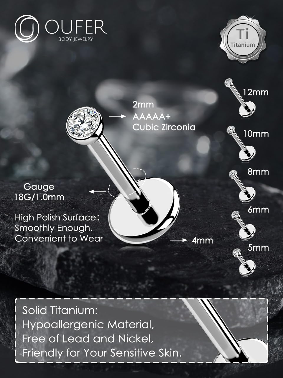OUFER 2PCS Nose Rings Studs, G23 Solid Titanium 18G Silver Threadless Helix Earring Flat Back, Tiny CZ 2MM Nose Nostril Helix Tragus Piercing Jewelry for Women Men-6MM