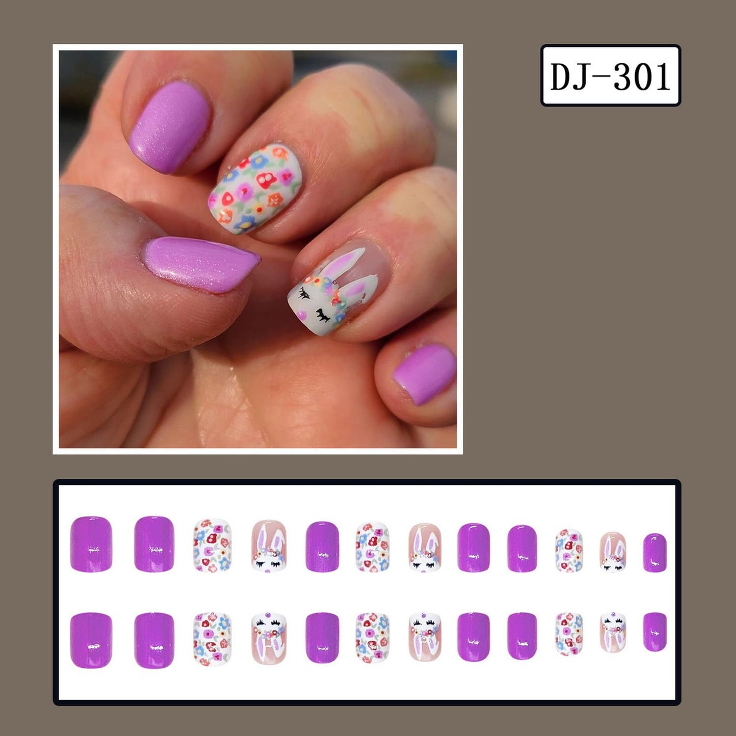 24pcs Easter Press on Nail Short Square Fake Nails with Flower designs Cute False Nails Glossy Purple Press ones Bunny Stick on Nail Full Cover Spring Acrylic Glue on Nails for Women Decor
