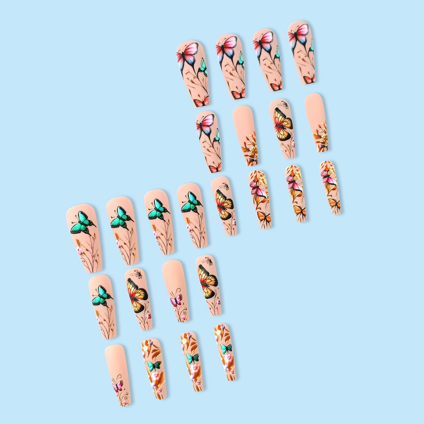 Butterfly 3D False Nails Press on Nails Long Ballet Shaped Coloful Butterly Pattern Design Press Nails Flower Fake Nails Artificial Acrylic Nails Full Cover Coffin Nails Nude Stick on Nails for Women