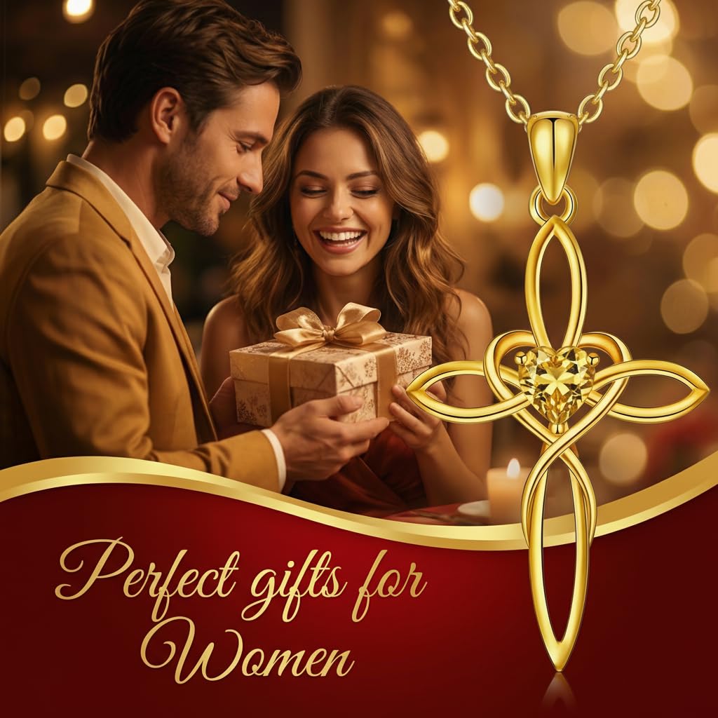 POIUY 14K Gold Celtic Knot Cross Birthstone Necklace for Women Irish Infinity Heart Pendant Cross Jewelry Baptism Faith Anniversary Valentines Birthday Mothers Day Gifts for Mom Wife Her