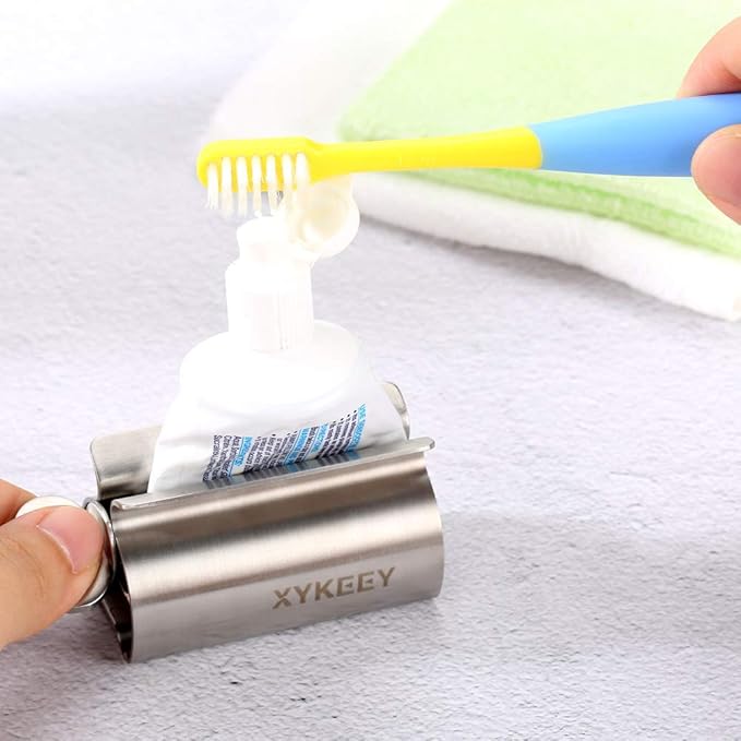 Toothpaste Tube Squeezer - Set of 3 Toothpaste Squeezer Rollers, Metal Toothpaste Tube Wringer Seat Holder Stand XYKEEY (Sliver)