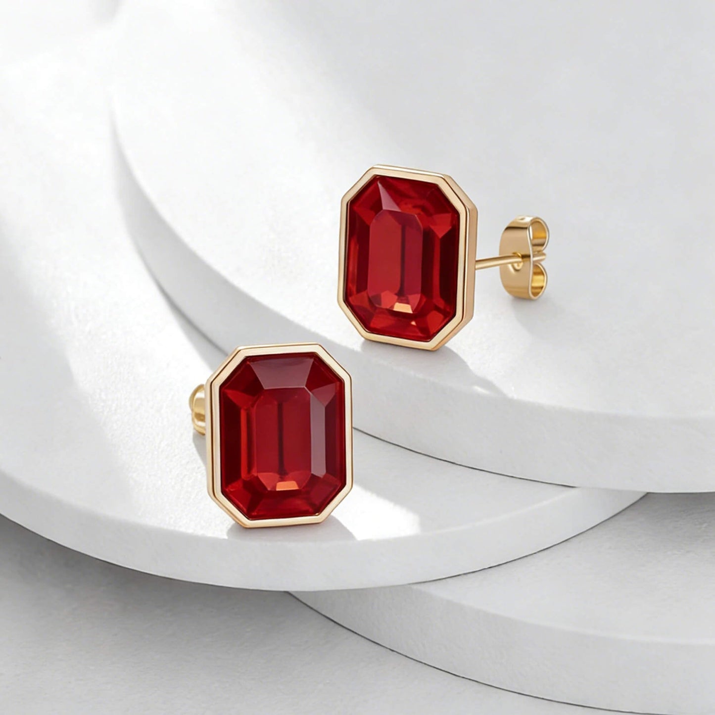 Austrian Crystal Octagon Stud Earrings for Women Fashion 925 Sterling Silver Post Hypoallergenic Jewelry (Red)