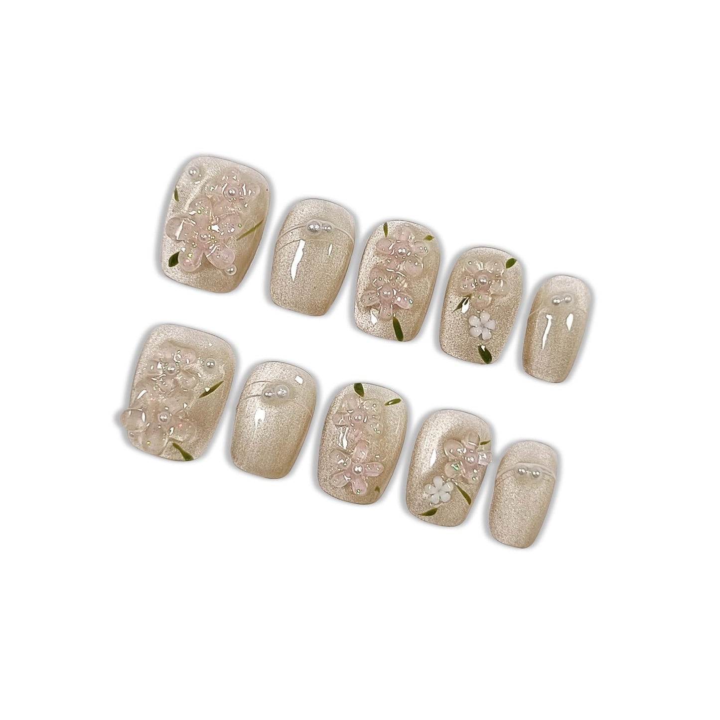 Hantyer Press on Nails | Short Coffin Fake Nails with Cat Eye Design, 3D Floral & Pearl Accents, False Nails with Icy Tea Glossy Finish, Reusable Handmade Nails in Sweet Style for Women(Size S)