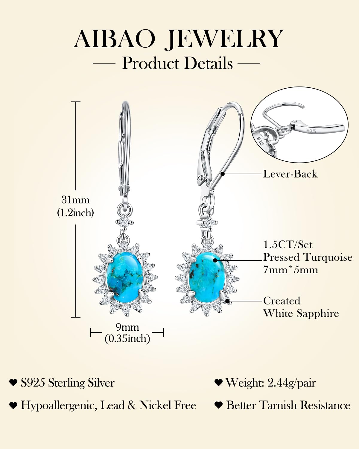 AIBAO Turquoise Dangle Earrings for Women Blue Gemstone Snowflake Dangling Earrings Western Boho Jewelry Sterling Silver Oval Turquoise Drop Earrings