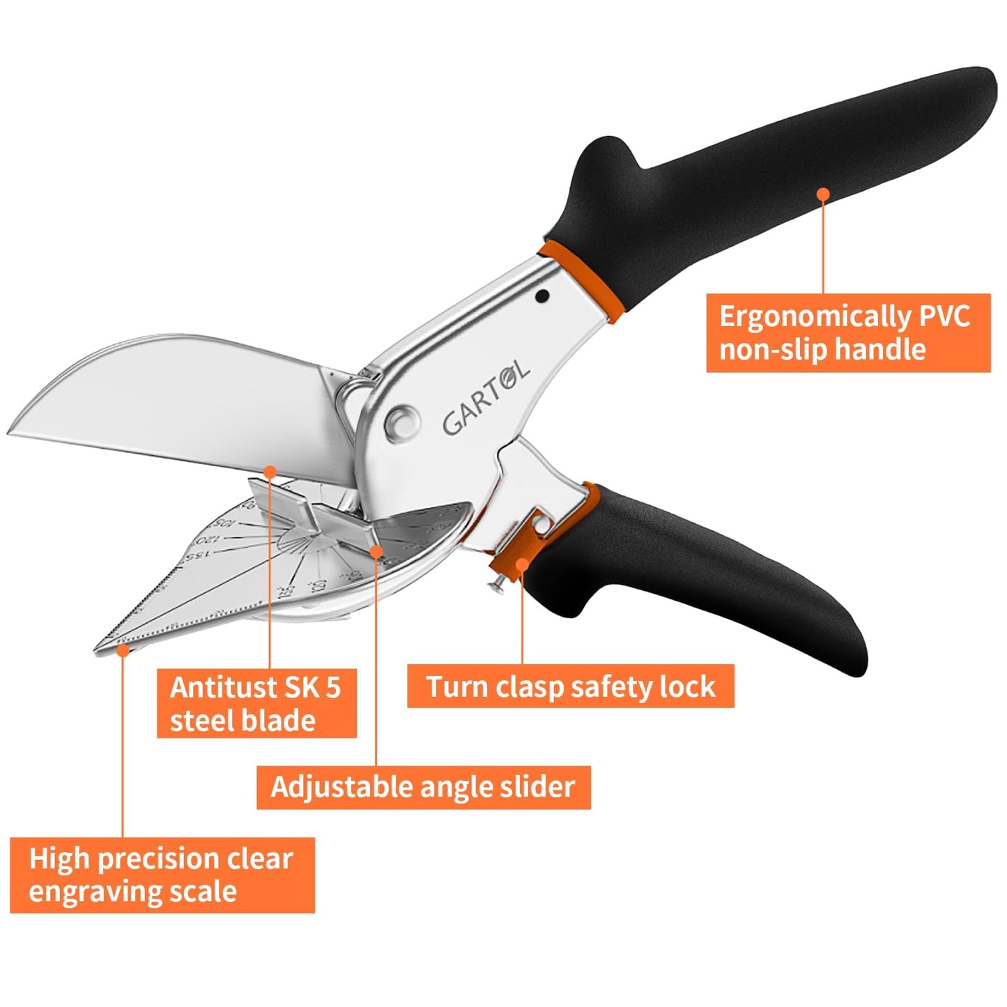 GARTOL Miter Shears, 45-135 Degree Adjustable Angle Scissors, Quarter Round Cutter Tool with Spare SK5 Blades, Trunking Shears for Cutting PVC, Trim and Softwood Moulding (Not for Hardwood)
