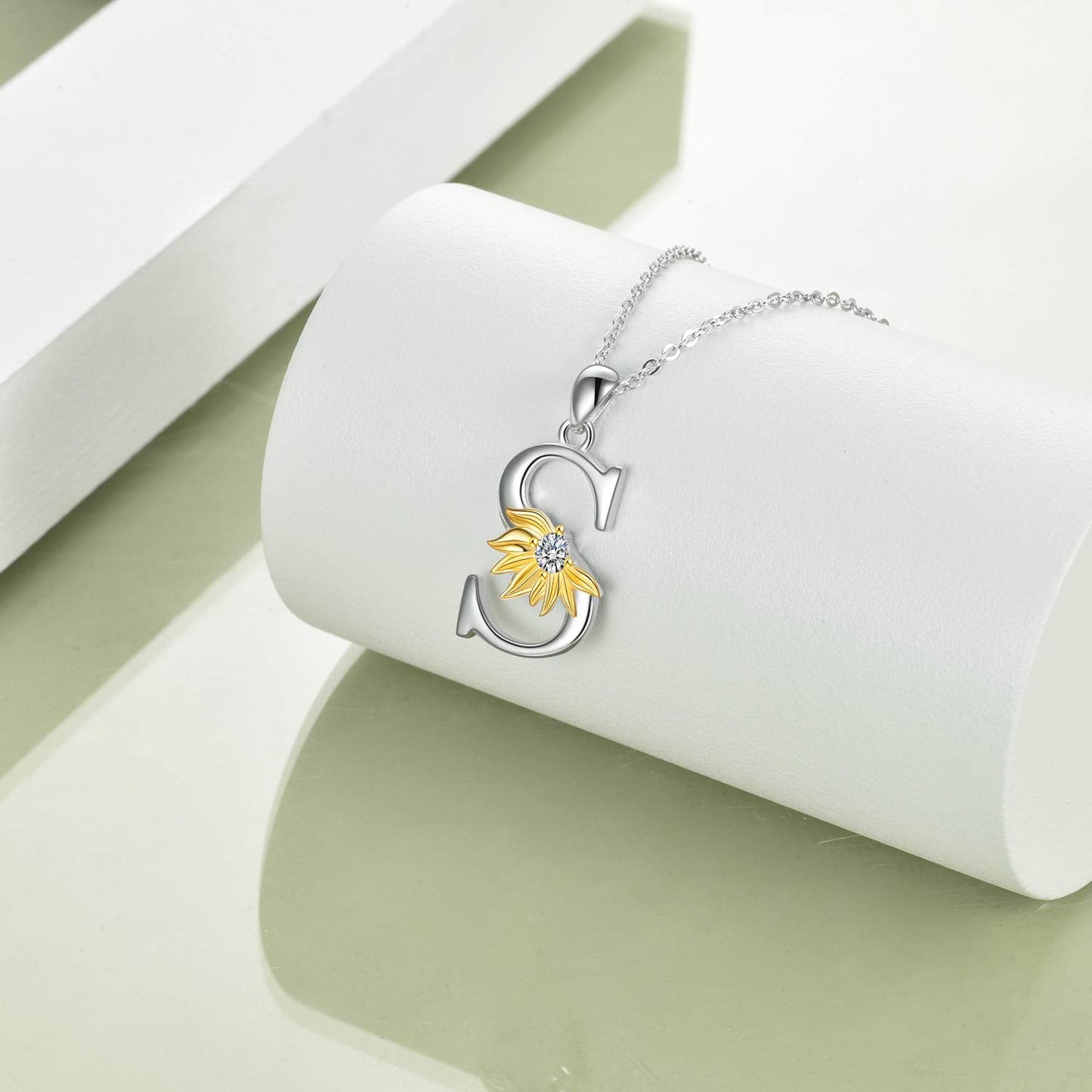 POPLYKE Sterling Silver Initial Alphabet Letter S Script Name Pendant Chain Necklace for Women for (Sunflower S)