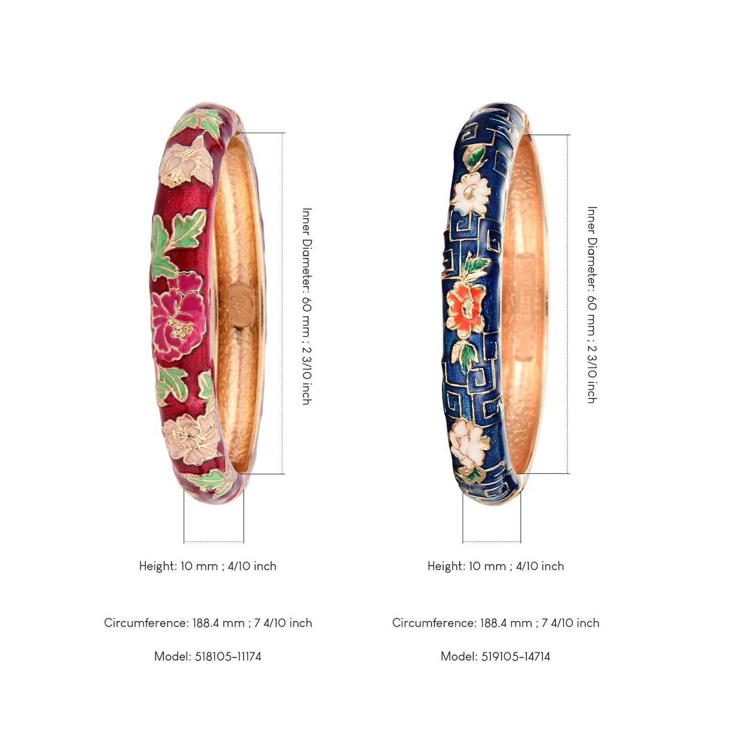 UJOY Vintage Cloisonne Bracelets Flower Enameled Jewelry Plated Cuff Bangle for Women Gift Box 55A113-55A114 WineRed Blue