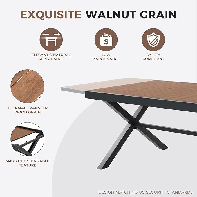 Grand patio 9-Piece Outdoor Dining Set, 8 Leather-Look Wicker Swivel Patio Chairs & 1 Extendable Rectangular Dining Table, Brown