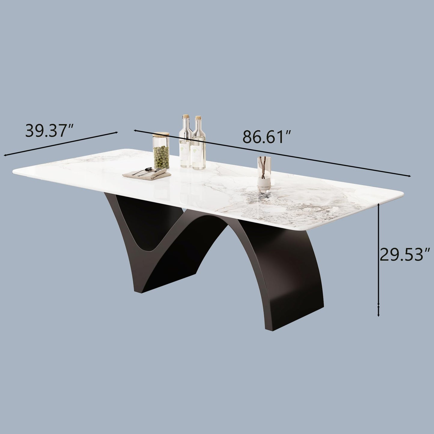 86" Modern Rectangular Dining Table for 8-10, Glossy Kitchen Table with Glossy White Glossy Sintered Stone Tabletop, and Black Stainless Steel Base (Table Only)