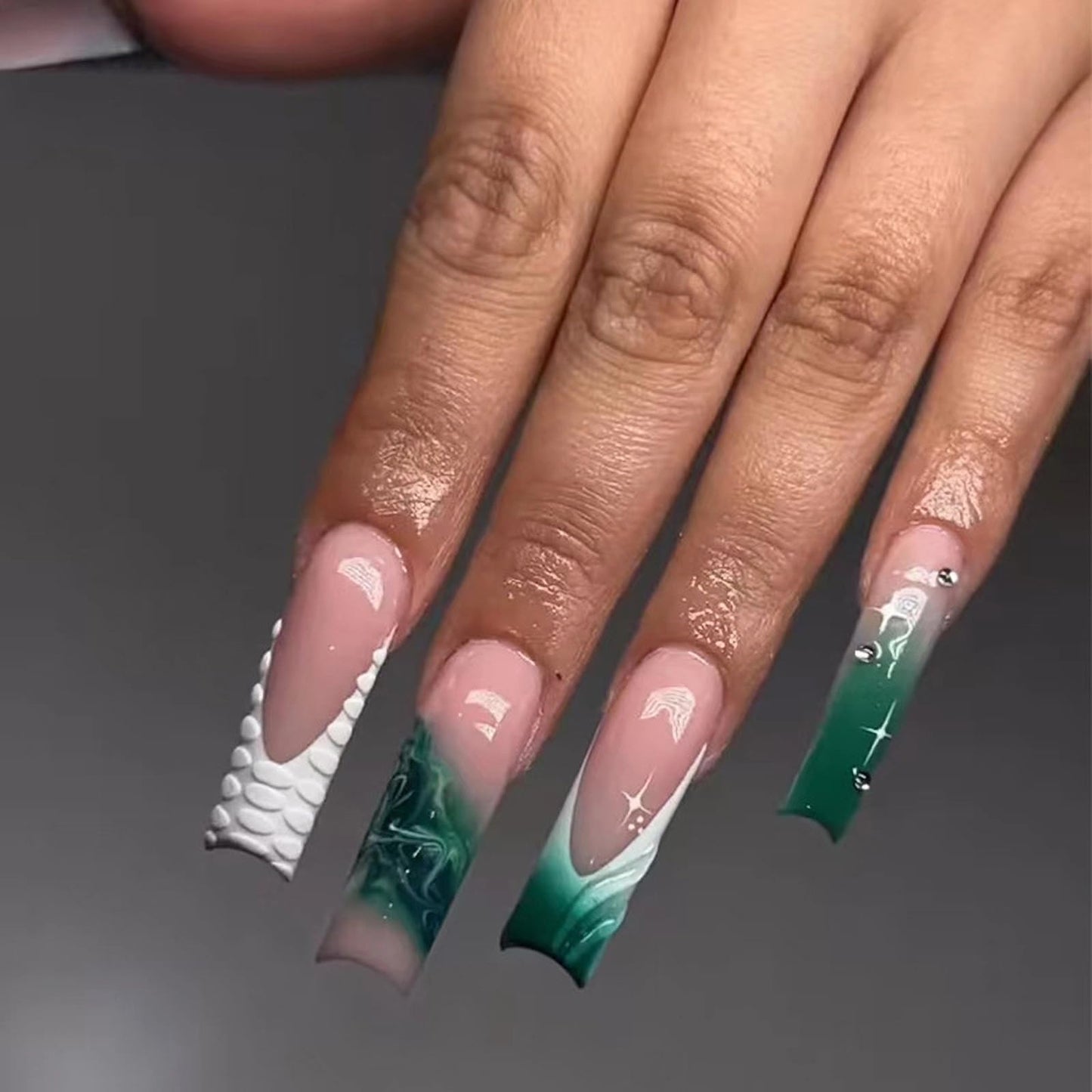 MISUD Press on Nails - Long Square Fake Nails with Dark Green, Acrylic Ombre French Tip Design 24 pcs
