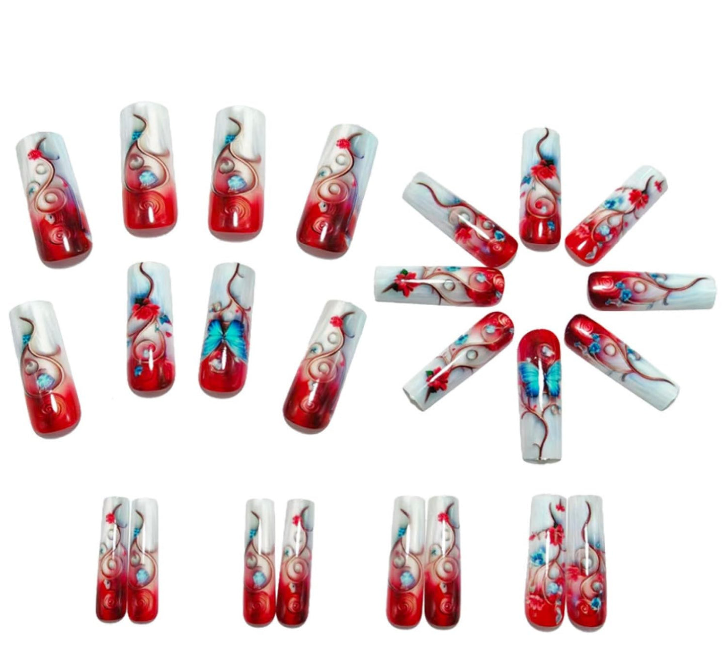 Chunmeng Blue Butterfly Gradient Press on Nails, Long Butterfly Wing False Nails with 3D Glossy Design - Full Cover Artificial Nails for Women