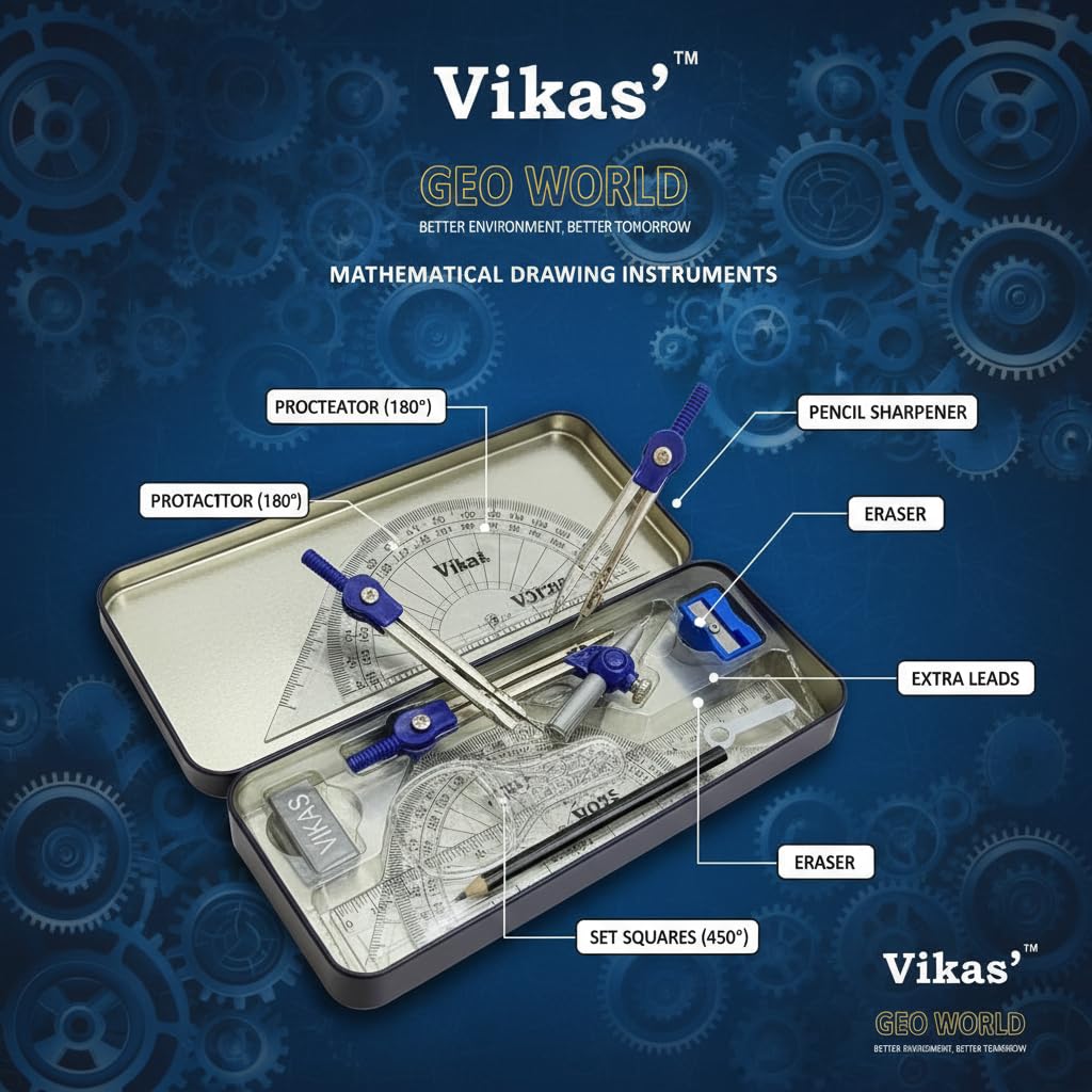 Vikas Vision + Geo World Geometry Box Combo | Metal Geometry Boxes with Full Math Instrument Kit | Ideal for Class 4–12 & Engineering Students | Exam-Ready School Combo Set