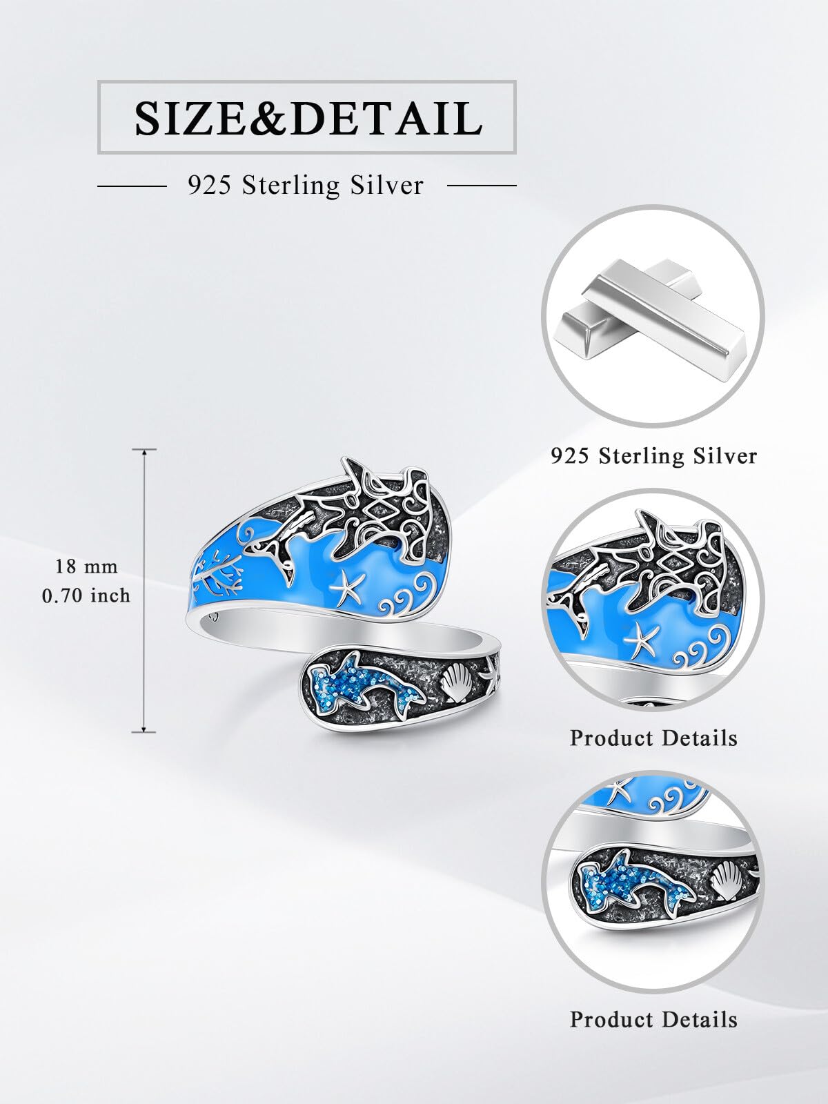 Midari Shark Spoon Rings for Women 925 Sterling Silver Adjustable Hammerhead Shark Ring Adjustable Spoon Rings Ocean Jewelry Gift for Women Wave Shark Lovers