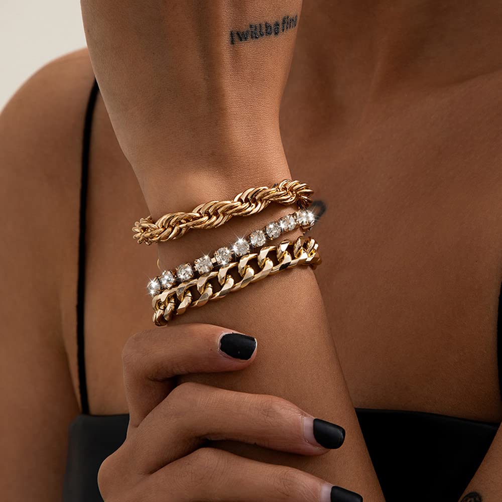 KISS WIFE 15 Pcs Golden Bracelets Set for Women, Multiple Layered Stackable Open Cuff Bangle, Adjustable Cuban Link Chain Tennis Bracelet Pack, Dainty Classic Aesthetic Jewelry