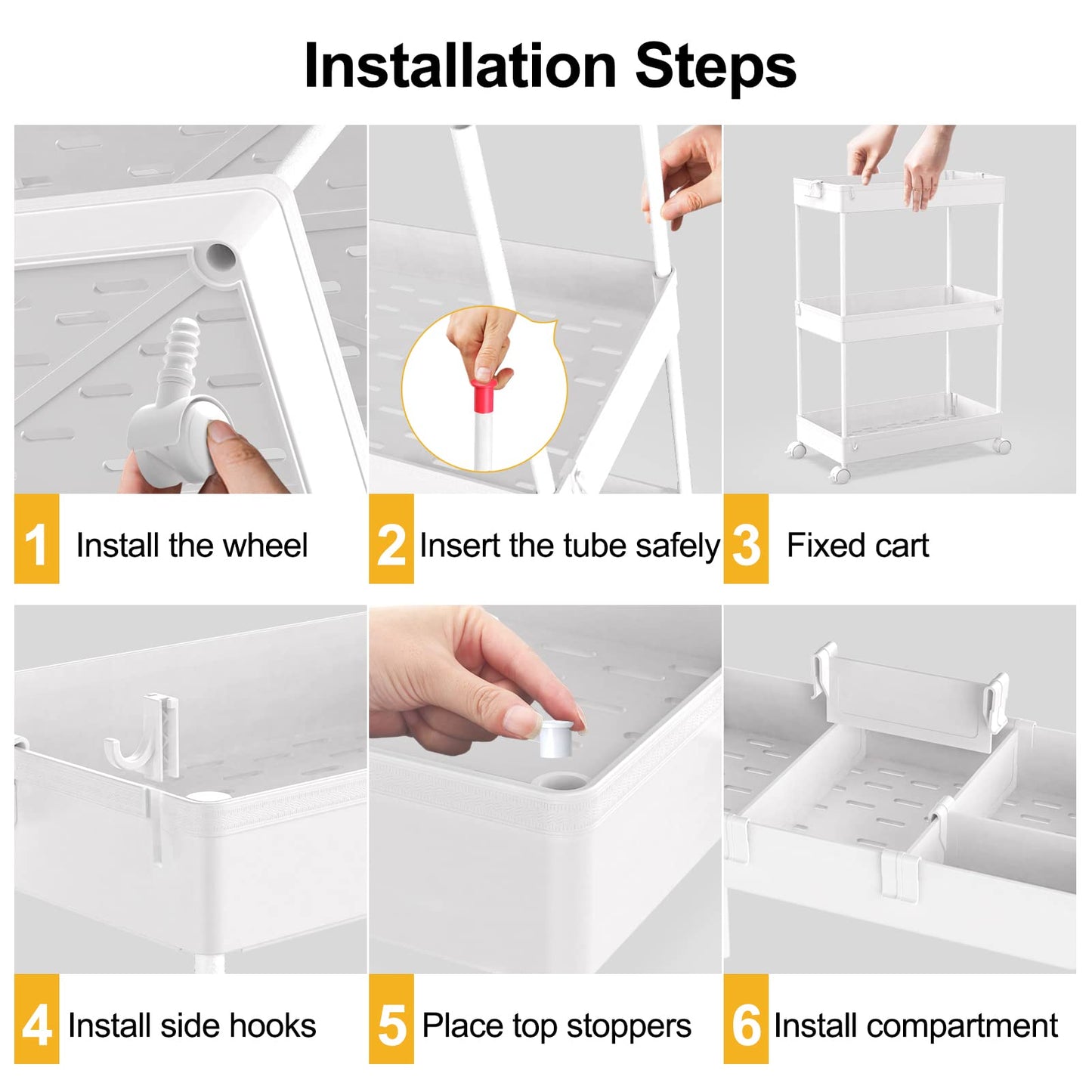 SPACELEAD 3 Tier Rolling Cart with Wheels, Storage Craft Art Trolley Organizer Serving, 3 Hanging Baskets Easy Assembly, for Office, Bathroom，Living Room, Kitchen, White