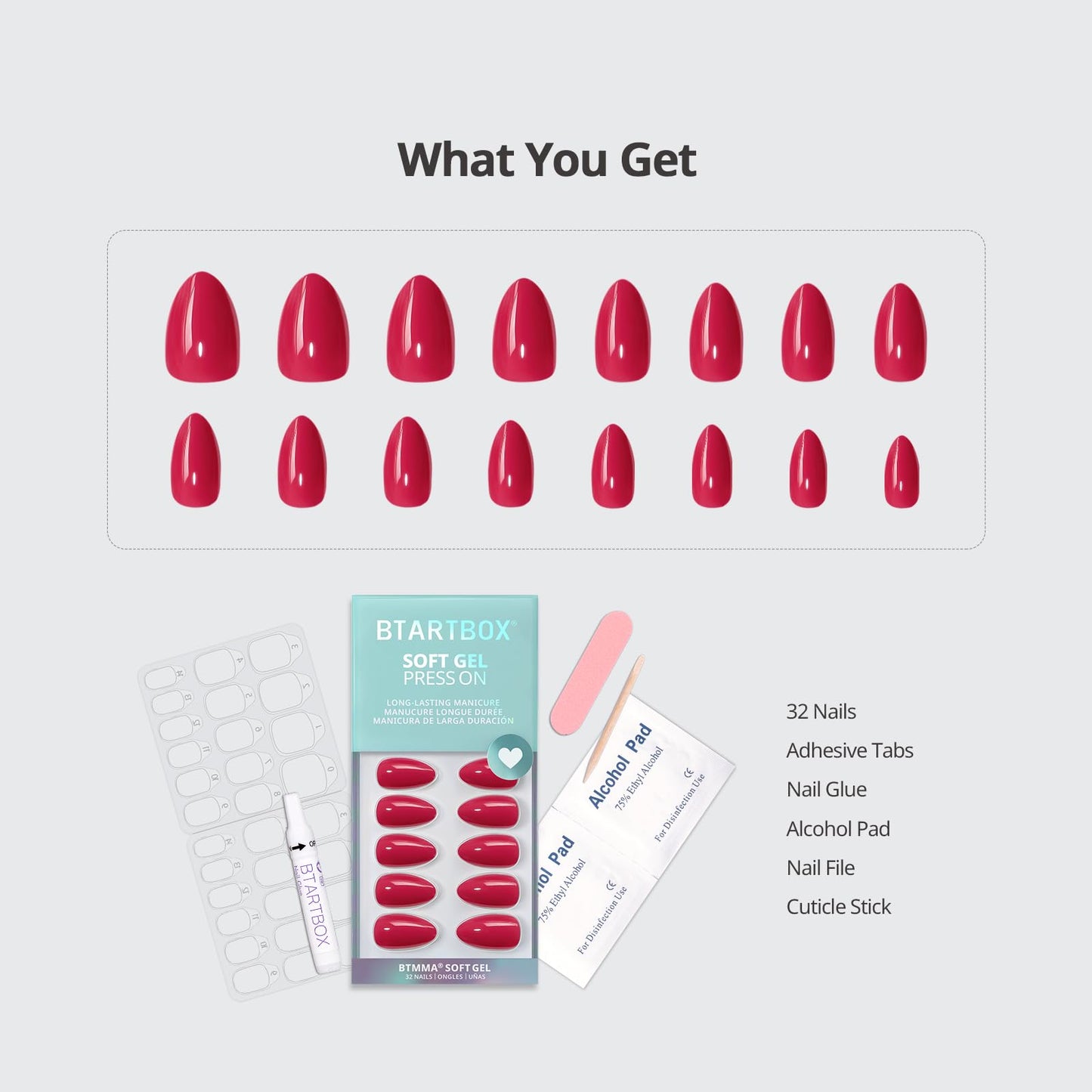 BTArtbox Press On Nails Almond - Raspberry Red Short Press On Nails with Glue for Women, Opaque Soft Gel Glue On Nails in 16 Sizes - 32 Stick On Nails Kit, Berry Blod