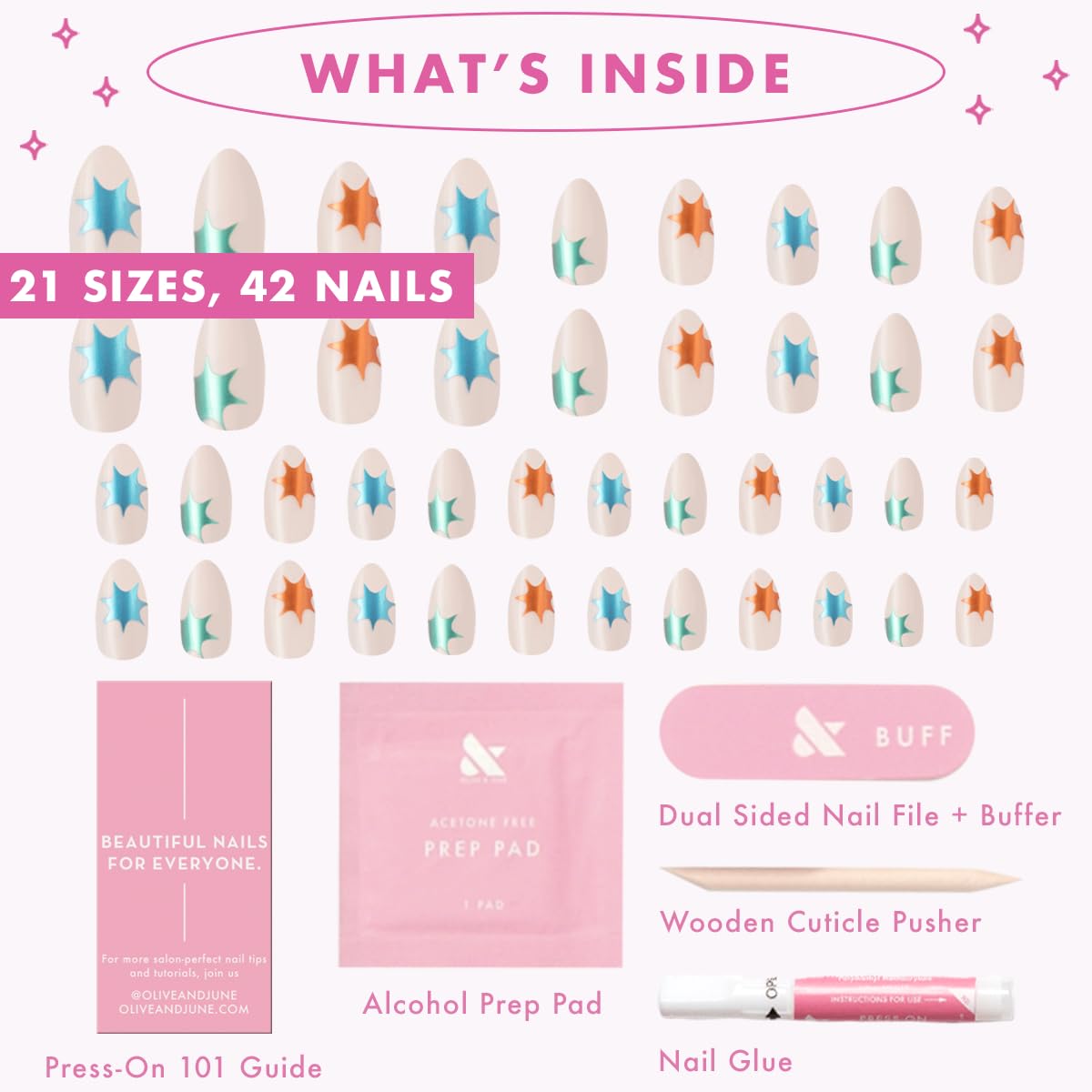 Olive & June Maximalist Instant Mani Press-On Nails (Glue) | 42 Fake Nails, 21 Sizes | Non-Toxic, Long-Lasting Big, Bold Gorgeous Realistic Look | Salon-Quality at Home | Medium, Almond | Chrome Burst