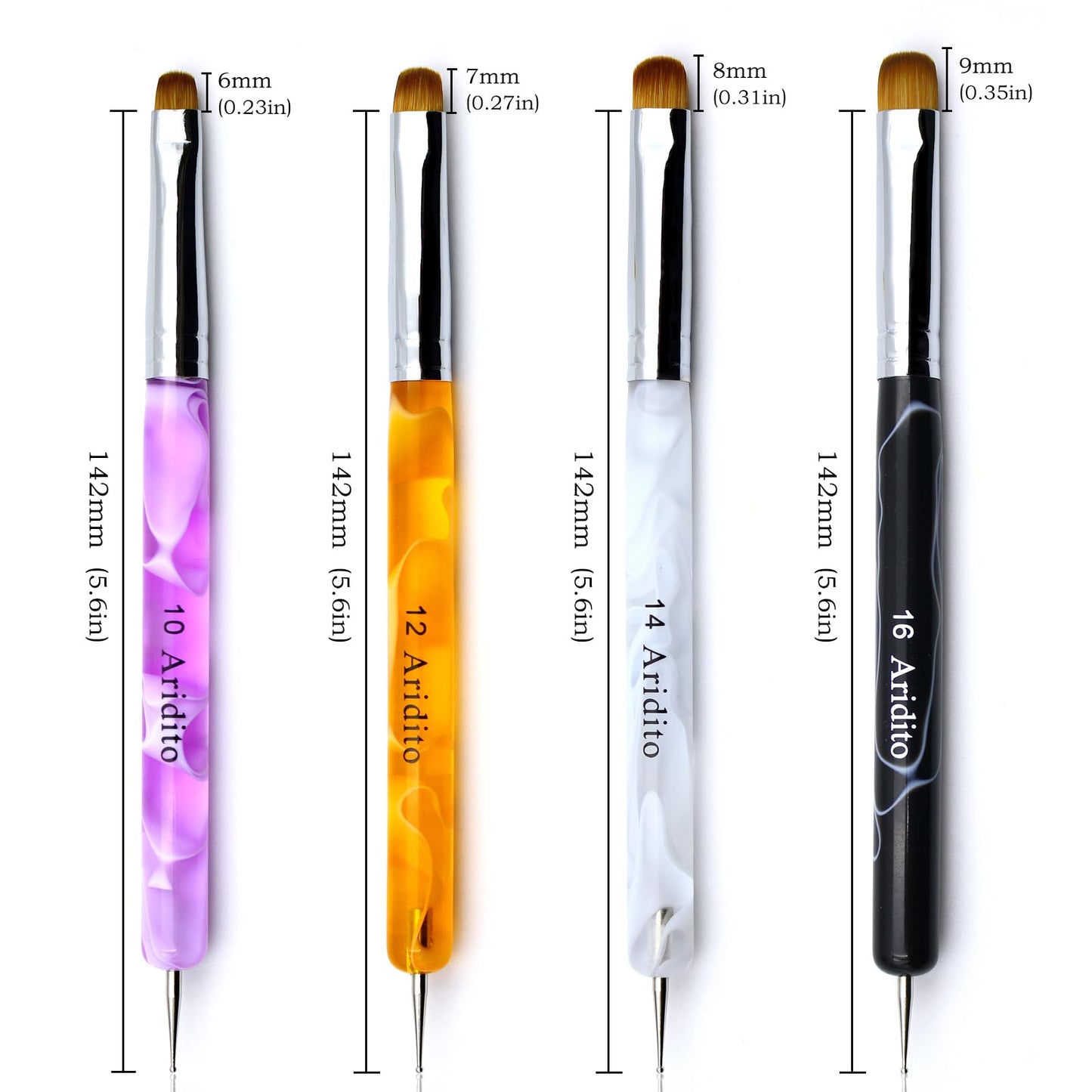 Aridito 4pcs Premium French Nail Art Brush & Dotting Tool - Professional Manicure Tool For Detailed Designs.(pink#10, Orange#12, White#14, Black#16)