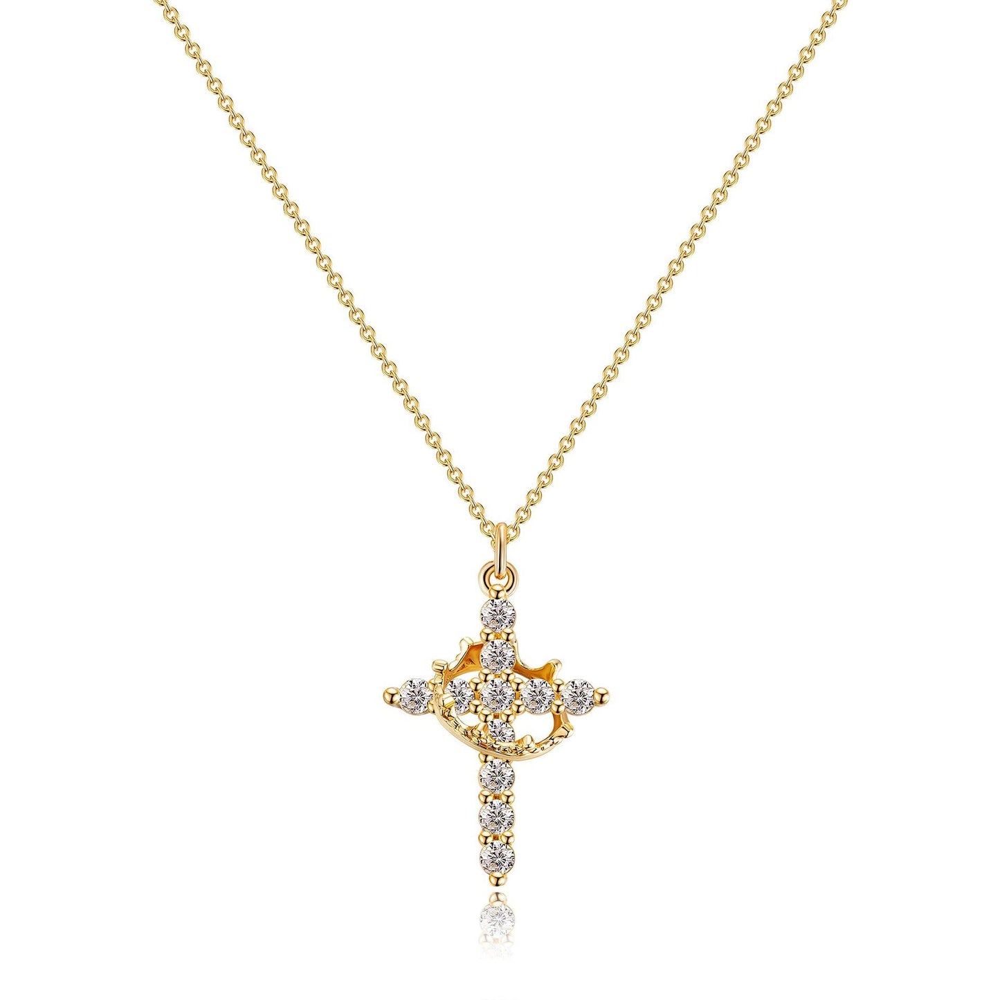 ZJCPJF Upgraded Crown Cross Necklace for Women, 14K Gold & Silver Plated with 12 Birthstone Colors, Faith Cross Pendant Jewelry for Baptism, First Communion, Birthday Gift
