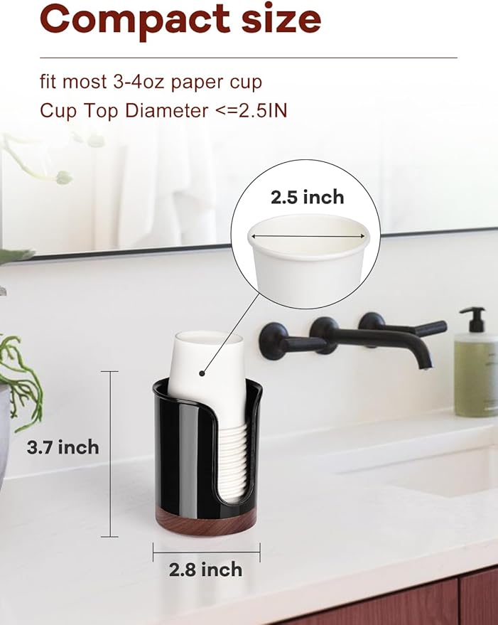 Premium Bathroom Cup Dispenser - Compact Cup Holder for Dixie Cups 3 oz Cups, 3 4 Ounce Mouthwash Cup Dispenser - PC/Walnut,Black, Pack of 2