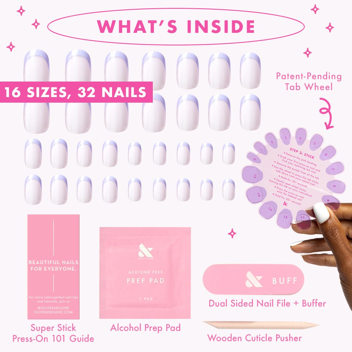 Olive & June Classic Super Stick Mani Press On Nails | No Glue Needed | 32 Tab Nails 16 Sizes | Non-Toxic Tabs Easy On-Off Non-Damaging | 7-Day Wear | Extra Short, Round | Tonal Lavender French