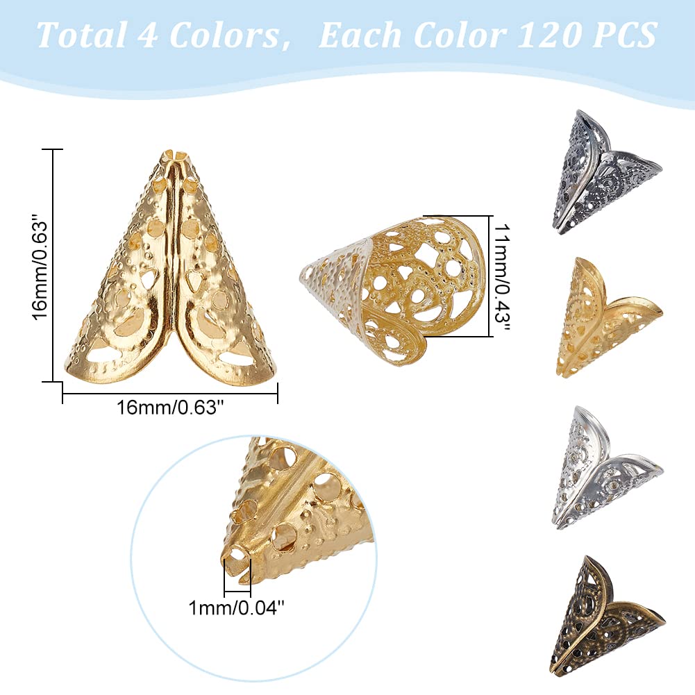 PH PandaHall 480 pcs 4 Colors Iron Flower Bead Caps, Filigree Bead Cap End Caps Tassel Terminators Clasps for Earring Bracelet Jewelry DIY Craft Making