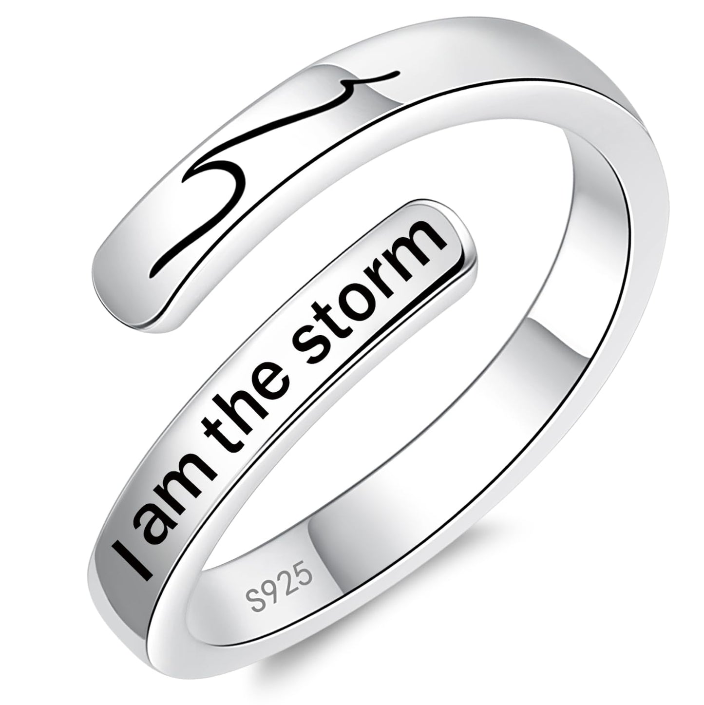 925 Sterling Silver Inspirational Jewelry Adjustable Wrap Open Ring Encouragement Gift for Women(I am the storm 2)