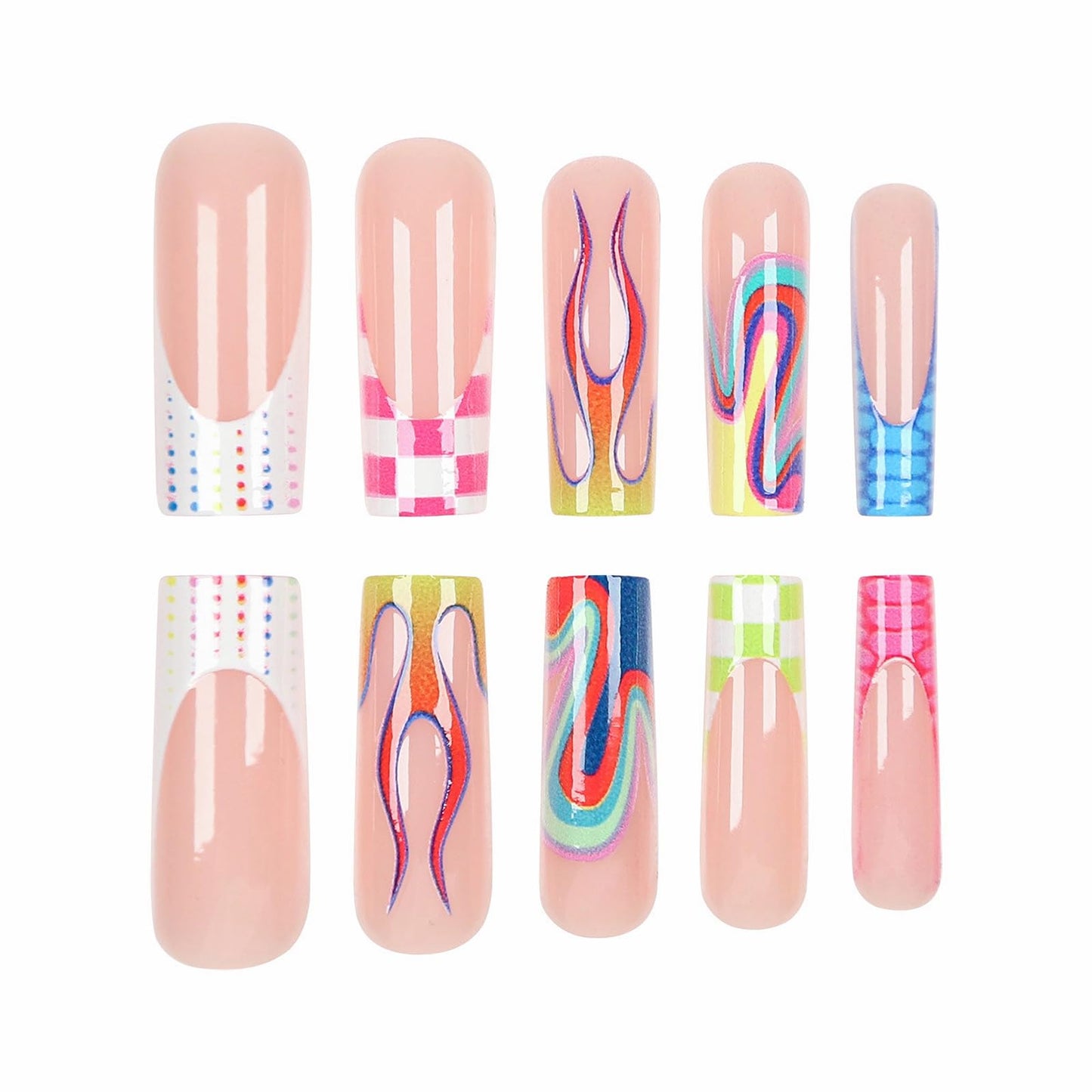 MISUD Press on Nails - Long Square Glue on Nails with Colorful Plaid, Acrylic Checkered Flame Design 24 pcs