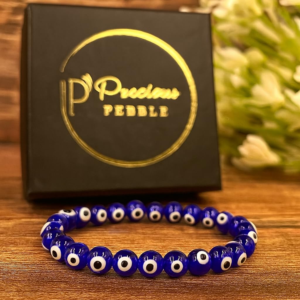 PRECIOUS PEBBLE Evil Eye Beaded Bracelet for Men & Women – Handmade Turkish Blue Eye Bracelets with Natural Stone Beads – Adjustable Size Symbolic Jewelry for Mindful Style, Gifting & Everyday Wear