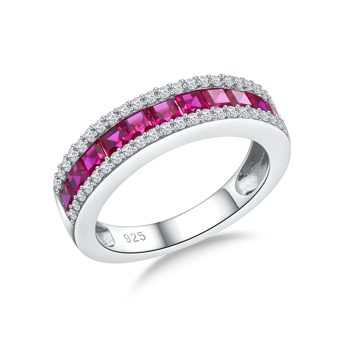 RANDES Ruby Ring Bands for Women Thick Channel Set Eternity Band 925 Sterling Silver Red Stone 5mm Wide Wedding Engagement Ring Size 7