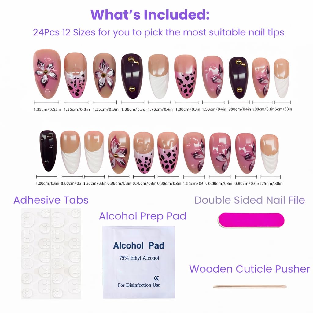 Press On Nails – Nude & Pink Floral Leopard Design with 3D Flower & Gold Studs | Almond Shape, 24 Reusable Nail Art Set