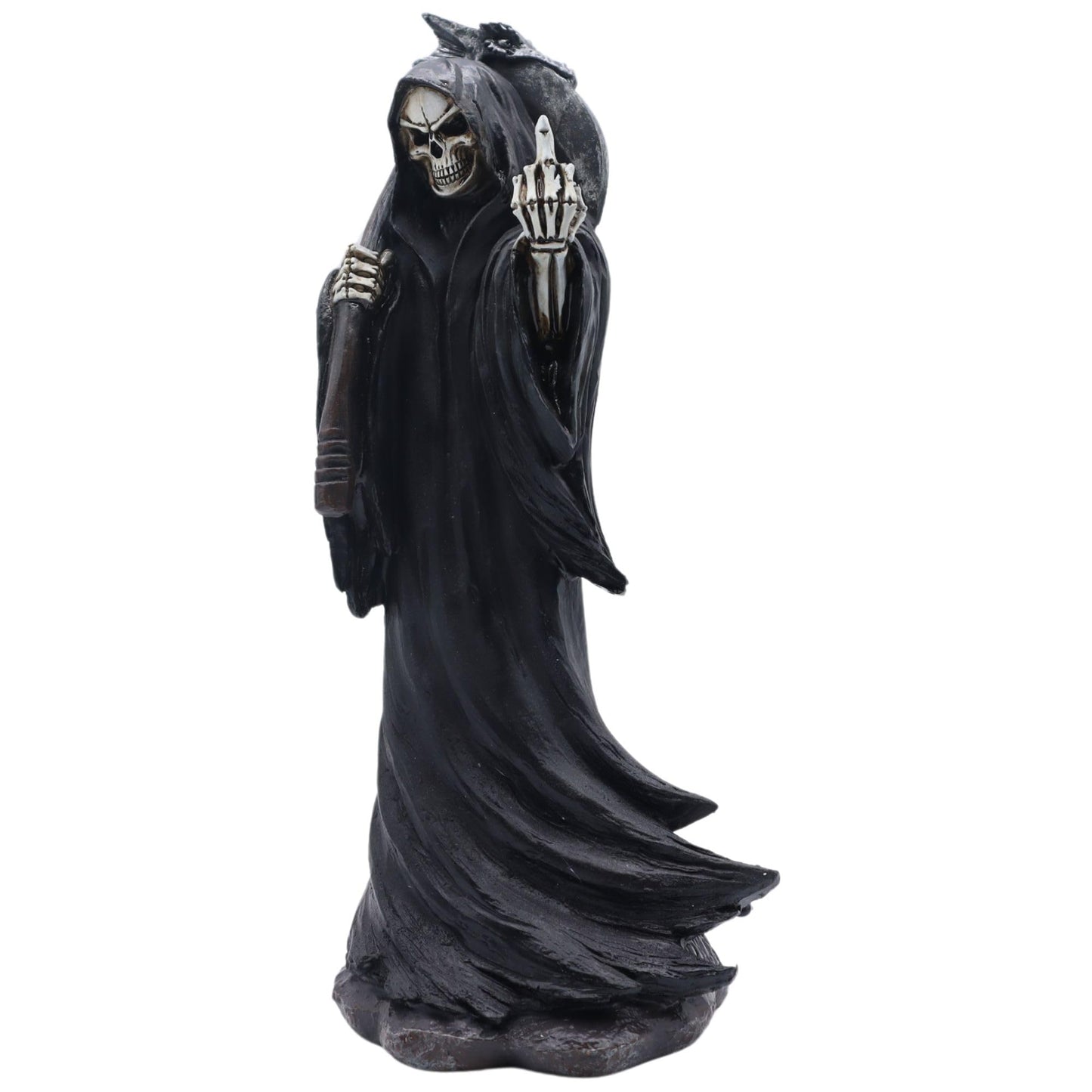 Candy Creations On Cloud 9 Grim Reaper Holding Up Middle Finger Statue, Death Halloween Gothic Figurine, Horror Home Decor