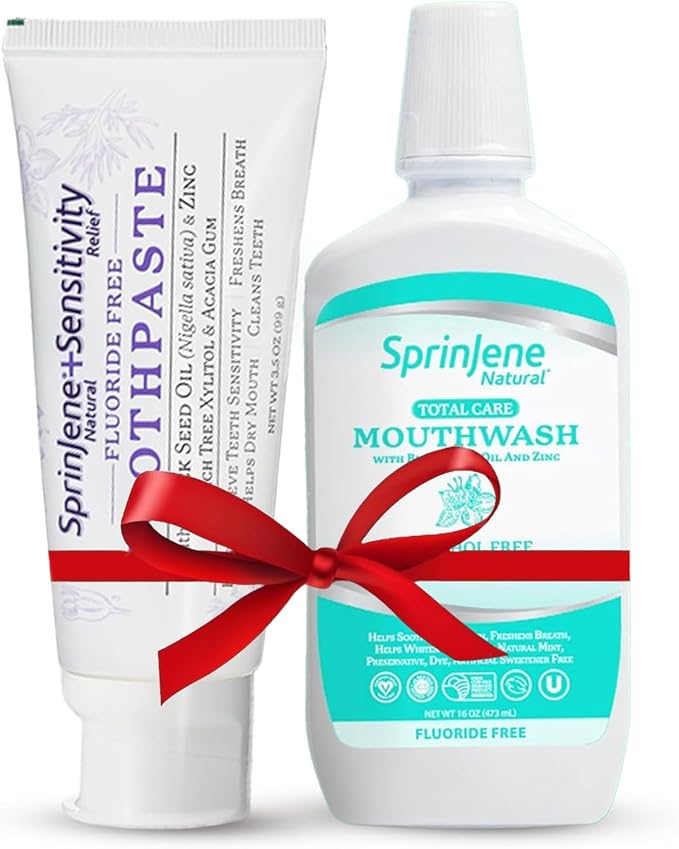 SprinJene Natural Sensitivity Relief, Fluoride Free Toothpaste for Sensitive Teeth (4 Pack) + Fluoride Free & Alcohol Free Mouthwash