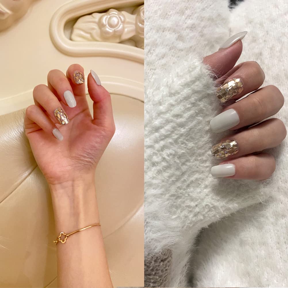LIGHT RAIN Medium Press on Nails - Paris, Luxury Bling Reusable Seven Layers Gel UV Finish False Nails, Handmade Nail Art with Design by Licensed Manicurist, Medium Square Shape, Large Size