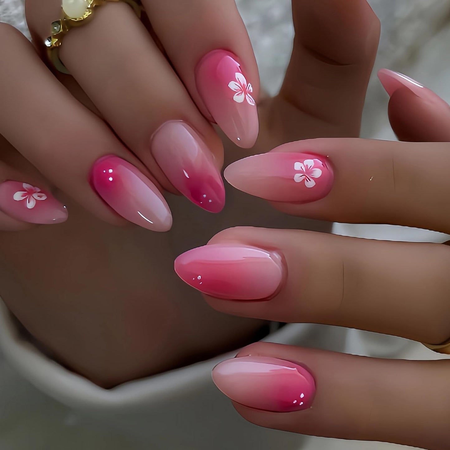 MISUD Press on Nails - Medium Almond Fake Nails with Pink Ombre, Acrylic Flower Design 24 pcs