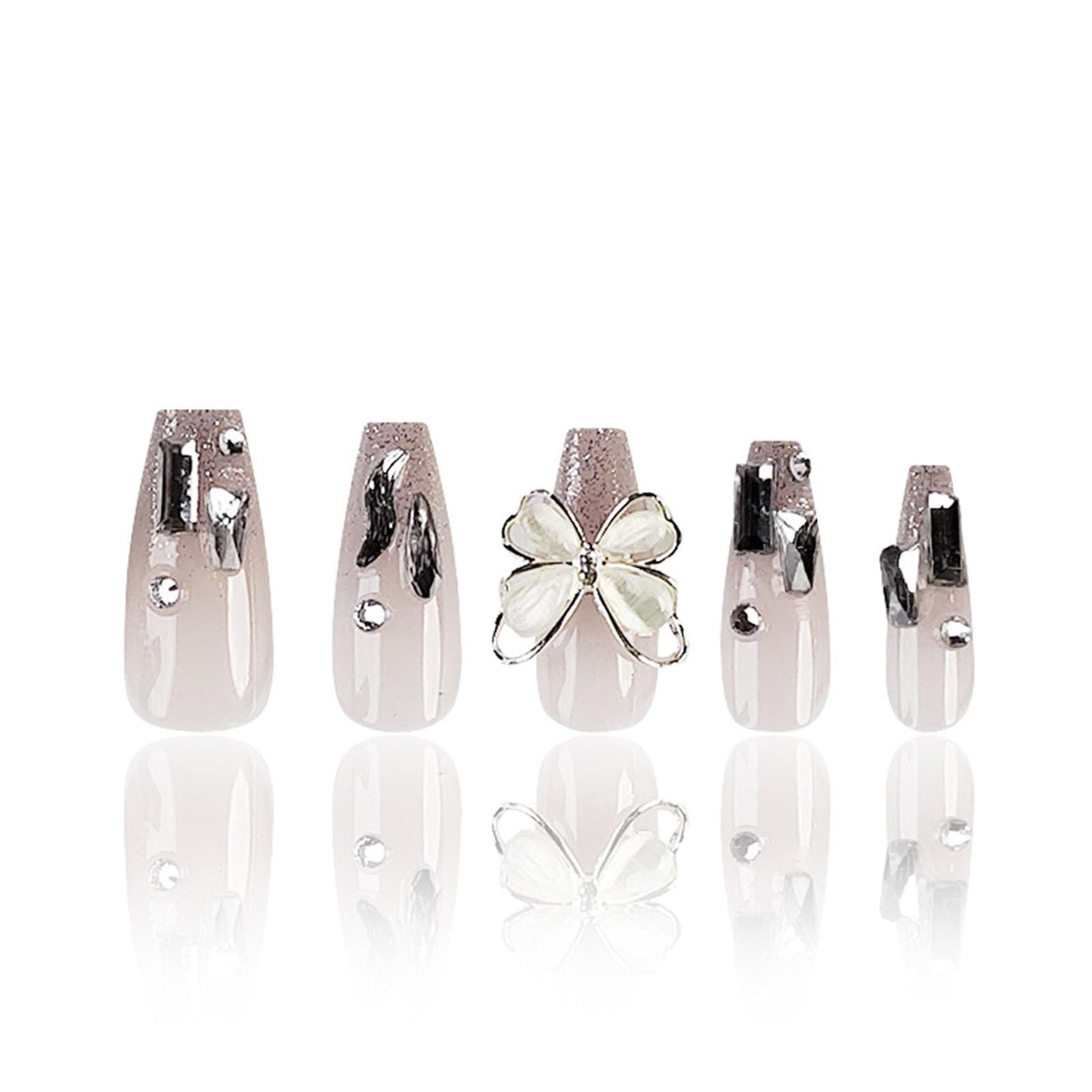 Medium Press on Nails Coffin Fake Nails with 3D Butterfly Rhinestones Charms Designs Glitter Nails Press ons Cute Acrylic Nails for Women 24Pc